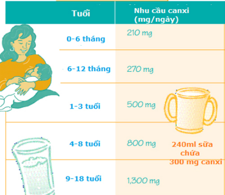 Nhu cầu canxi ở trẻ em theo lứa tuổi.